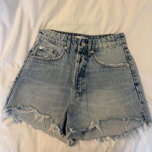 Zara High Waisted Light Blue Frayed Jean Shorts